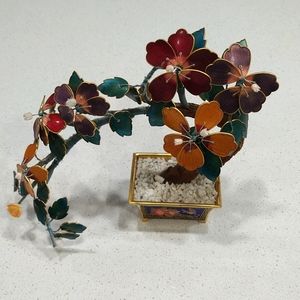 Vintage Chinese Guilloche enamel Bonsai Tree with flowers and Cloisonne pot/base